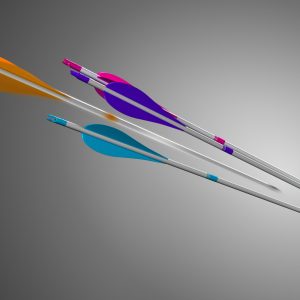 A blue and white target sits in the bottom right hand corner. Three arrows (one blue, one purple, one pink) are lodged in the bullseye, and fourth arrow with orange fletching is about to land in their midst.