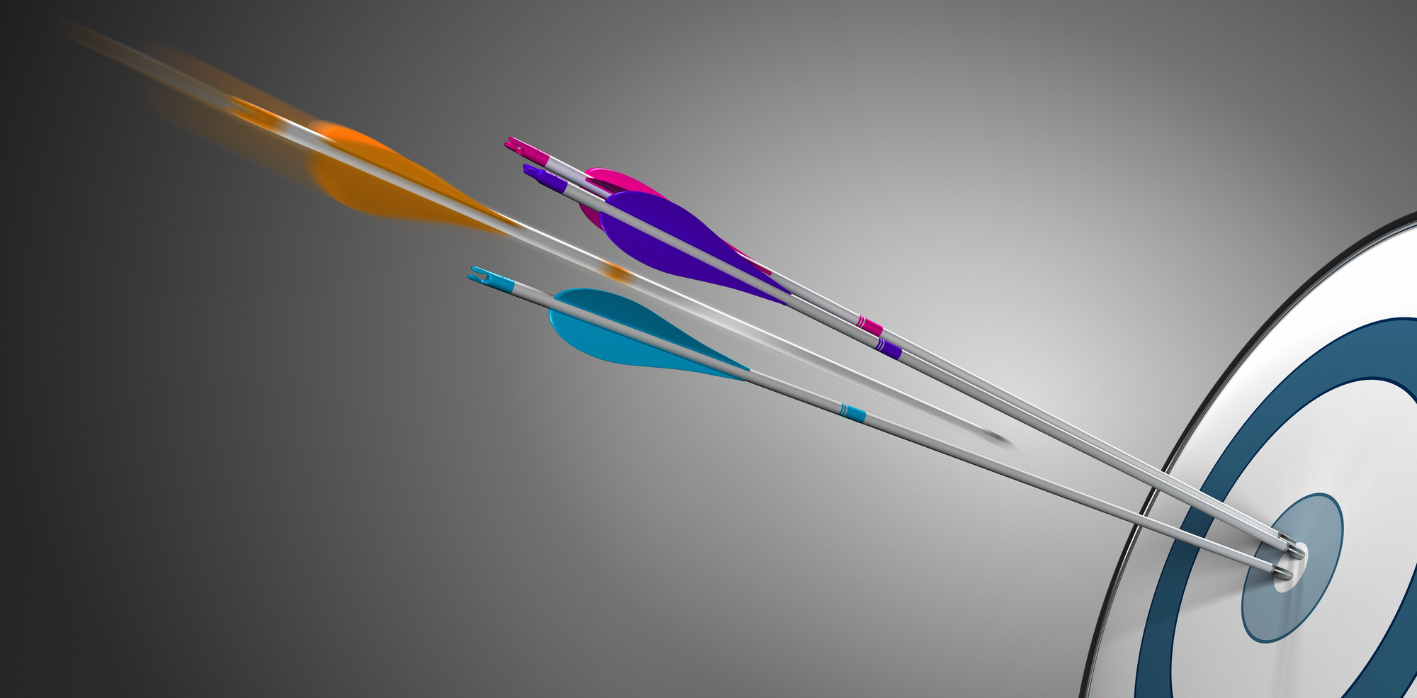 A blue and white target sits in the bottom right hand corner. Three arrows (one blue, one purple, one pink) are lodged in the bullseye, and fourth arrow with orange fletching is about to land in their midst.